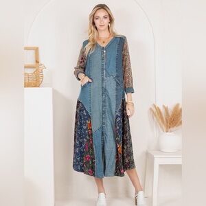 YOUNG THREADS Dress Midi Denim Floral Plaid Sleeves Button Down Size Large